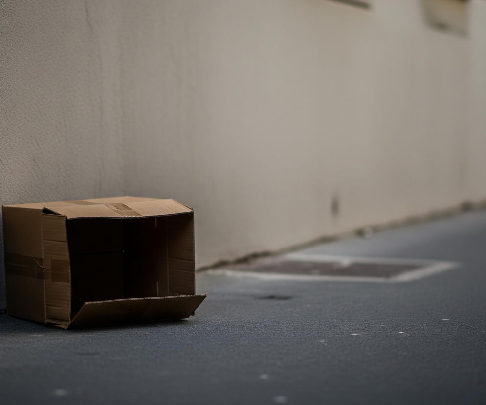 Brązowe kartonowe pudełko leży otwarte na ciemnoszarym, ziarnistym chodniku, opierając się o jasnoszarą ścianę po lewej stronie kadru. Górna część pudełka jest lekko złożona do środka, a jedno z jego otwartych skrzydeł leży płasko na chodniku. W tle, po prawej, widoczna jest dalsza część chodnika i ściany, a także zamazane, ciemne prostokątne kształty okien lub otworów w ścianie. Cała scena jest utrzymana w stonowanych, szarych i brązowych barwach.
