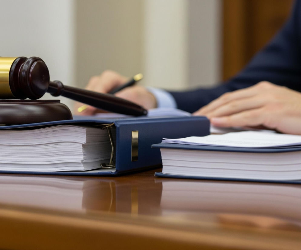 Na pierwszym planie, z lewej strony, widoczny jest drewniany młotek sędziowski z ozdobnym, złotym pasem, leżący na dopasowanej drewnianej podstawie. Obok, na brązowym, błyszczącym blacie, leży otwarty, granatowy segregator z dużą ilością białych kartek. Dalej w tle, rozmazana sylwetka osoby w granatowym garniturze z jasną koszulą i ciemnym krawatem, pisze piórem w kolejnych dokumentach, obok leżących pierścieni segregatora.