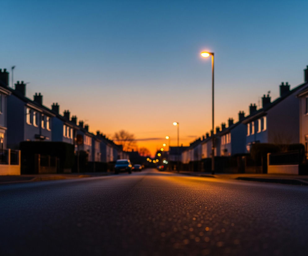 Ulica biegnie prosto w głąb obrazu, otoczona po obu stronach rzędami domów bliźniaczych o jasnych fasadach i ciemnych dachach z licznymi kominami. Perspektywa z poziomu drogi sprawia, że asfalt w pierwszym planie jest ostry, a dalsze elementy są rozmyte, co nadaje głębię kompozycji. Na środku jezdni widać odbicia światła z latarni ulicznych i pomarańczowego nieba o zachodzie słońca, które stopniowo przechodzi w błękit u góry kadru.