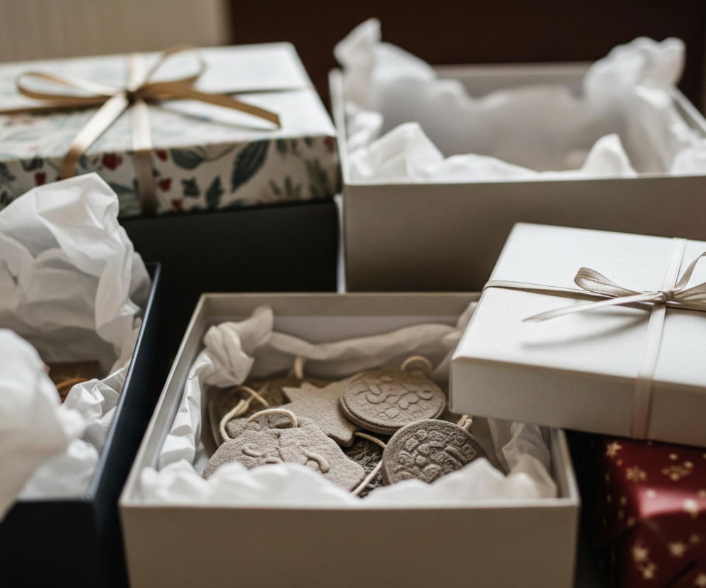 Kompozycja kilku prezentów, częściowo otwartych, ułożonych na jasnym blacie. Na pierwszym planie, w centrum, widoczne jest otwarte prostokątne pudełko wypełnione białym papierem ozdobnym i kilkoma brązowymi ozdobami o różnych kształtach, takich jak gwiazda czy okrągłe zawieszki z wzorami, przewiązane sznurkami. Bezpośrednio na tym pudełku leży zamknięty, prostokątny prezent owinięty jasnym, jednolitym papierem i przewiązany beżową wstążką. Obok, po lewej stronie, znajduje się kolejne otwarte, ciemne pudełko z białym papierem ozdobnym, a za nim, po prawej, nieco większe, otwarte białe pudełko, również z białym papierem. W tle, częściowo widoczny jest zamknięty prezent w papierze z bożonarodzeniowym wzorem liści i czerwonych owoców, przewiązany złotą wstążką, oraz ułożony pod nim kolejny prezent w czerwonym papierze w złote gwiazdki.