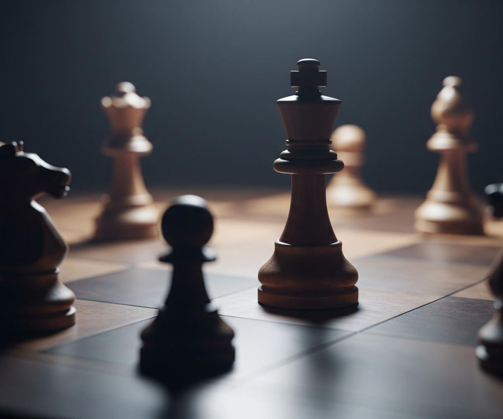 Drewniany król szachowy o ciemnobrązowym odcieniu stoi w centrum pola, oświetlony od góry, rzucając cień na planszę. Wokół niego, również na szachownicy o naprzemiennych jasnobrązowych i ciemnobrązowych polach, rozstawione są inne figury szachowe. Po lewej stronie, bliżej obserwatora, widoczny jest pionek i skoczek, a po prawej, również bliżej, zarys kolejnego skoczka. W tle, rozmyte i słabiej oświetlone, stoją inne figury, w tym królowa i wieża. Tło za figurami jest ciemne, tworząc kontrast i podkreślając oświetlenie padające na figury.