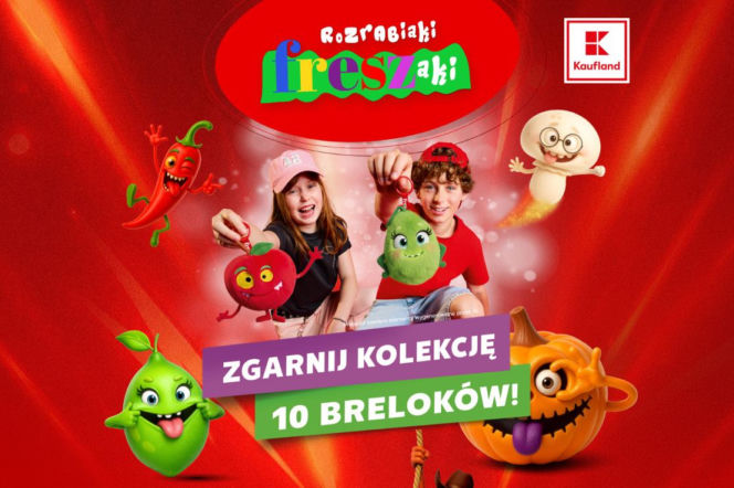 Dzieci z pluszowymi breloczkami Freszakami na tle loga Kaufland. O nowej akcji lojalnościowej przeczytasz na Eska.