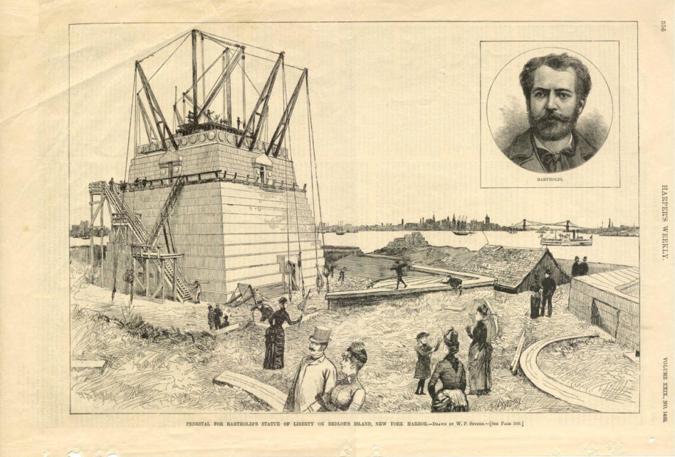 Budowa postumentu na wyspie Bedloe, 1885