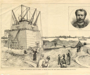 Budowa postumentu na wyspie Bedloe, 1885
