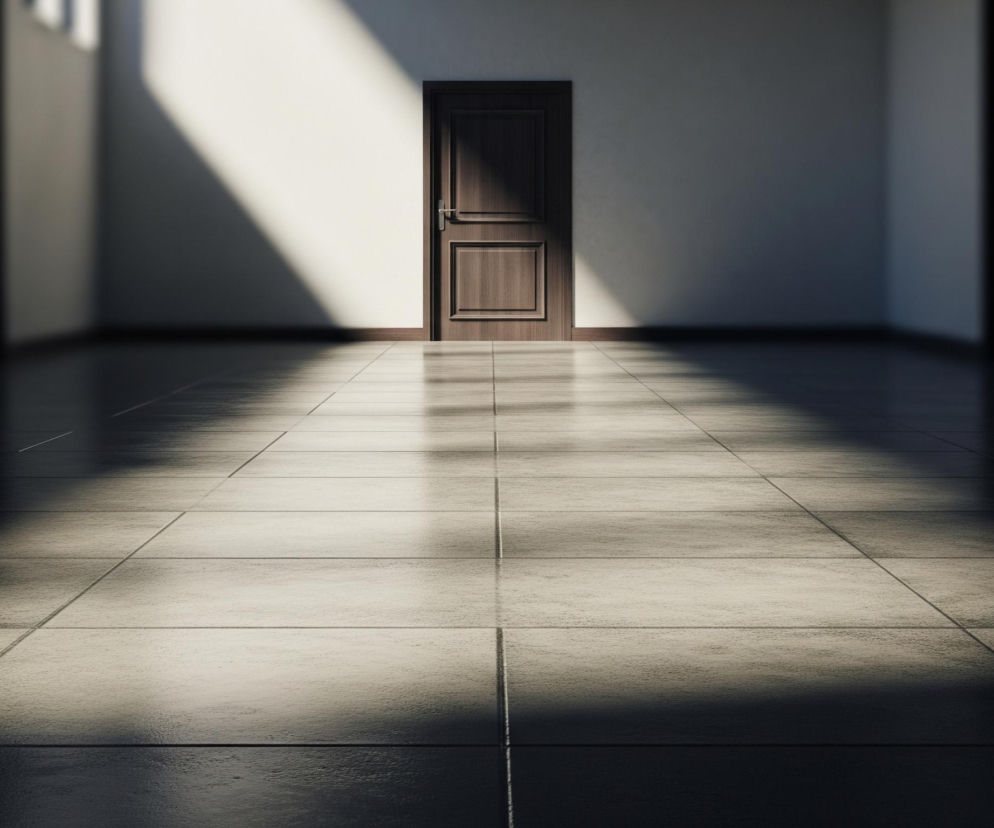 Wnętrze pustego pokoju z ciemnymi drewnianymi drzwiami na środku tylnej ściany. Podłoga pokryta jest błyszczącymi, jasnymi, kwadratowymi płytkami, na których widoczne są wyraźne pasma światła słonecznego padające z lewej strony, tworzące kontrastowe cienie. Ściany są jasne, prawie białe, a na lewej ścianie widać rozmyte okna, z których wpada światło.