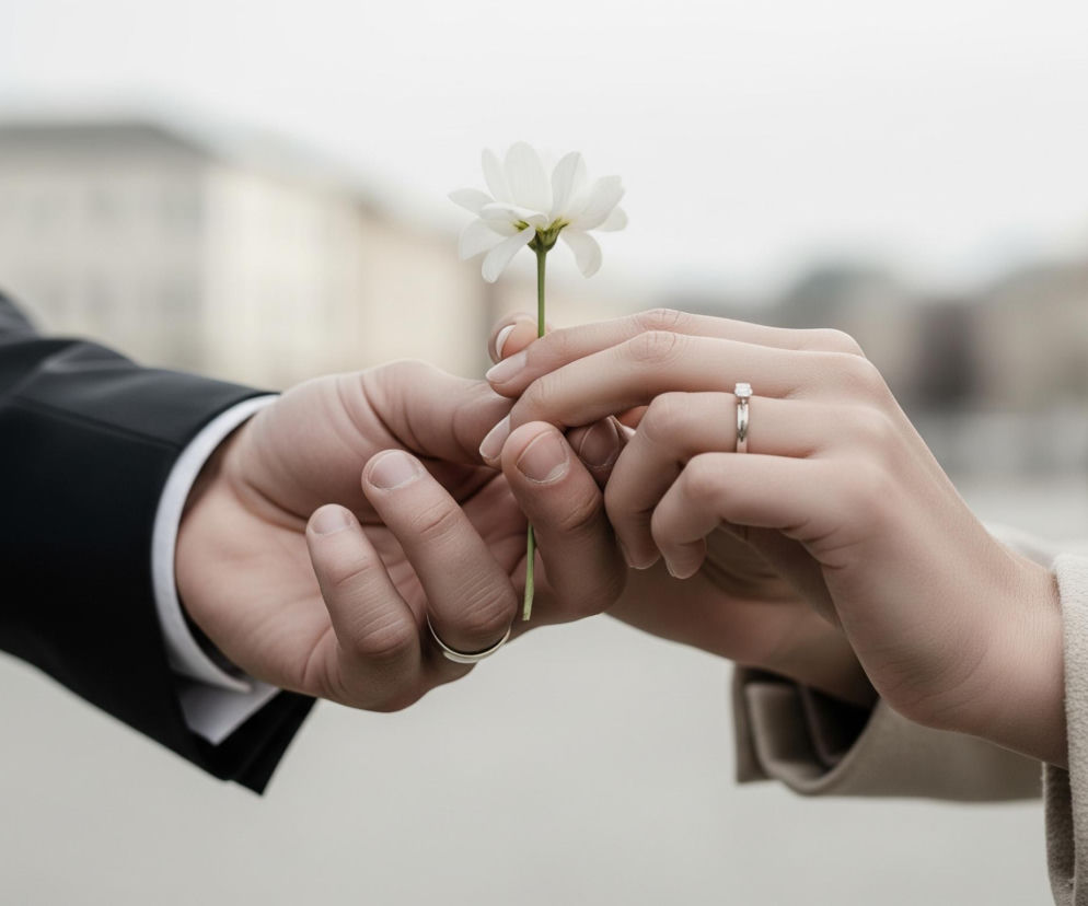 Prawa dłoń kobiety, ubrana w srebrny pierścionek z diamentem, delikatnie dotyka łodygi białego kwiatu z zieloną łodygą, przekazywanego przez męską dłoń w czarnym rękawie garnituru. Na palcu serdecznym męskiej dłoni widać prostą srebrną obrączkę. Tło jest rozmyte, ukazując jaśniejsze, szare odcienie miejskiego krajobrazu z niewyraźnymi zarysami budynków.