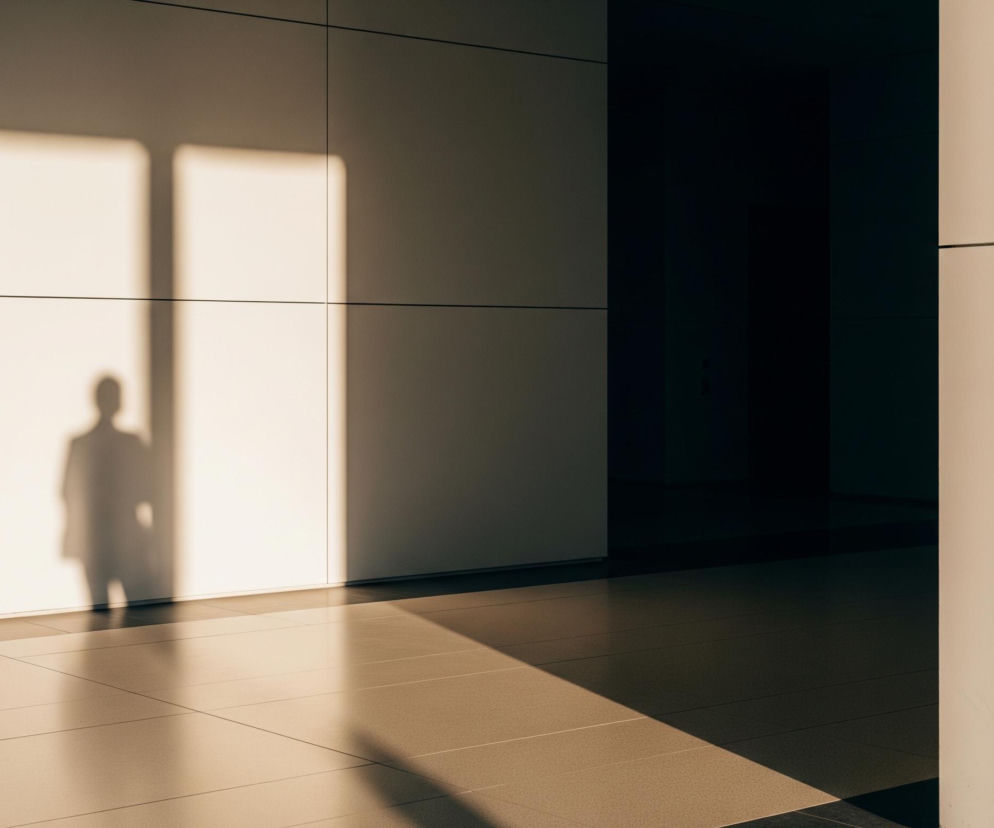 Długi cień ludzkiej sylwetki rzucony na jasną ścianę, oświetloną przez prostokątną smugę światła słonecznego, która pada także na podłogę. Lewa strona ściany jest jasna i oświetlona, natomiast prawa pogrążona w cieniu i ma ciemniejszy, szarobrązowy odcień. Podłoga składa się z kwadratowych płytek, częściowo oświetlonych ciepłym światłem, a częściowo pokrytych cieniem, tworzącym geometryczne wzory.