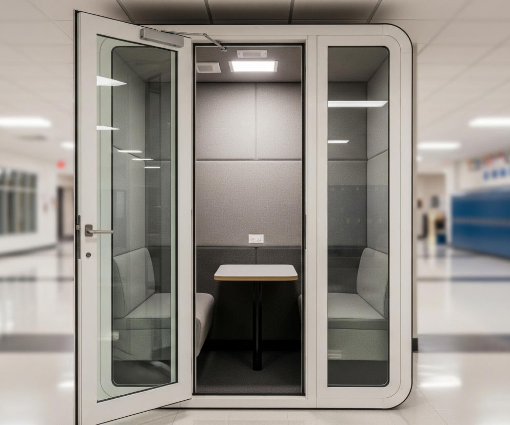 Na pierwszym planie stoi biała, dźwiękoszczelna kabina z zaokrąglonymi rogami i otwartymi drzwiami. Wnętrze kabiny wyłożone jest szarymi panelami akustycznymi i posiada dwie jasnoszare ławki skierowane do siebie, pomiędzy którymi znajduje się mały, prostokątny stolik z jasnym blatem i czarną nogą. Na ścianie kabiny widać podwójne białe gniazdko elektryczne.

Tło stanowi rozmyty korytarz, prawdopodobnie szkolny, z jasnymi, kwadratowymi panelami sufitowymi i równomiernym oświetleniem. Po prawej stronie korytarza widać rzędy niebieskich szafek, a po lewej stronie ciemne drzwi i fragmenty innych pomieszczeń. Podłoga korytarza jest jasna, z ciemniejszymi paskami wzdłuż.