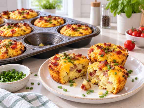 Egg bites z ziemniakami i boczkiem. Małe jajeczne kąski z formy na muffiny, idealne na ciepłe śniadanie