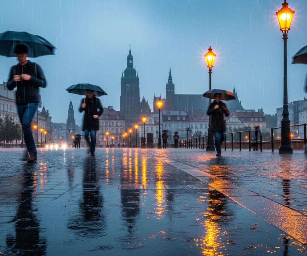 Scena przedstawia deszczowy wieczór w mieście, z wieloma osobami idącymi po mokrym, brukowanym chodniku. Na pierwszym planie widać odbicia ulicznych lamp i świateł w kałużach, tworzące pomarańczowe i żółte smugi na ciemnym podłożu. Cztery wyraźne sylwetki ludzi, rozmazane przez ruch, idą w stronę widza, niosąc otwarte parasole. W tle widać rzędy budynków, a także strzeliste wieże kościelne i inne historyczne konstrukcje pod szarym, pochmurnym niebem. Żarzące się, pomarańczowe latarnie uliczne, niektóre z efektem rozbłysku, oświetlają scenę.
