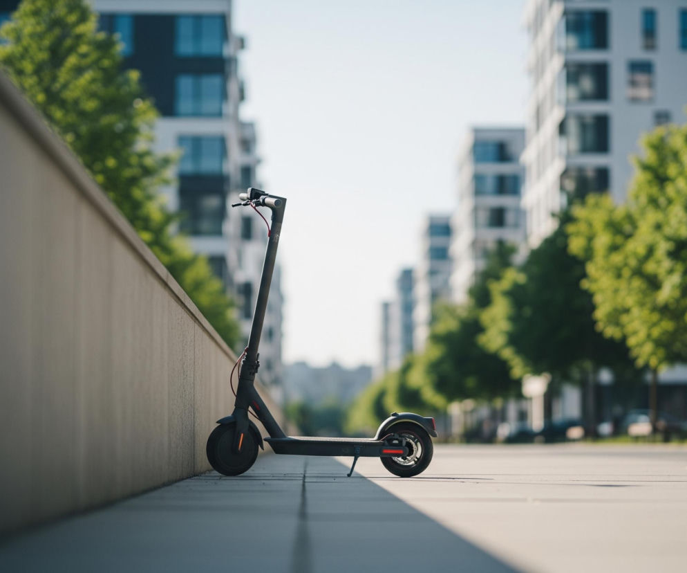 Na pierwszym planie, z lewej strony, widać czarną hulajnogę elektryczną, opartą o jasnobrązowy, betonowy murek. Hulajnoga jest skierowana w prawo, ma czerwone detale na kablu hamulcowym oraz na tylnym odblasku, a także pomarańczowy element na przednim kole. Za hulajnogą, w oddali, rozciąga się ulica z rzędami drzew o soczyście zielonych liściach, a za nimi widoczne są nowoczesne budynki mieszkalne z wieloma oknami, niektóre z niebieskimi akcentami. Całość skąpana jest w jasnym, dziennym świetle, rzucającym długie cienie na chodnik.
