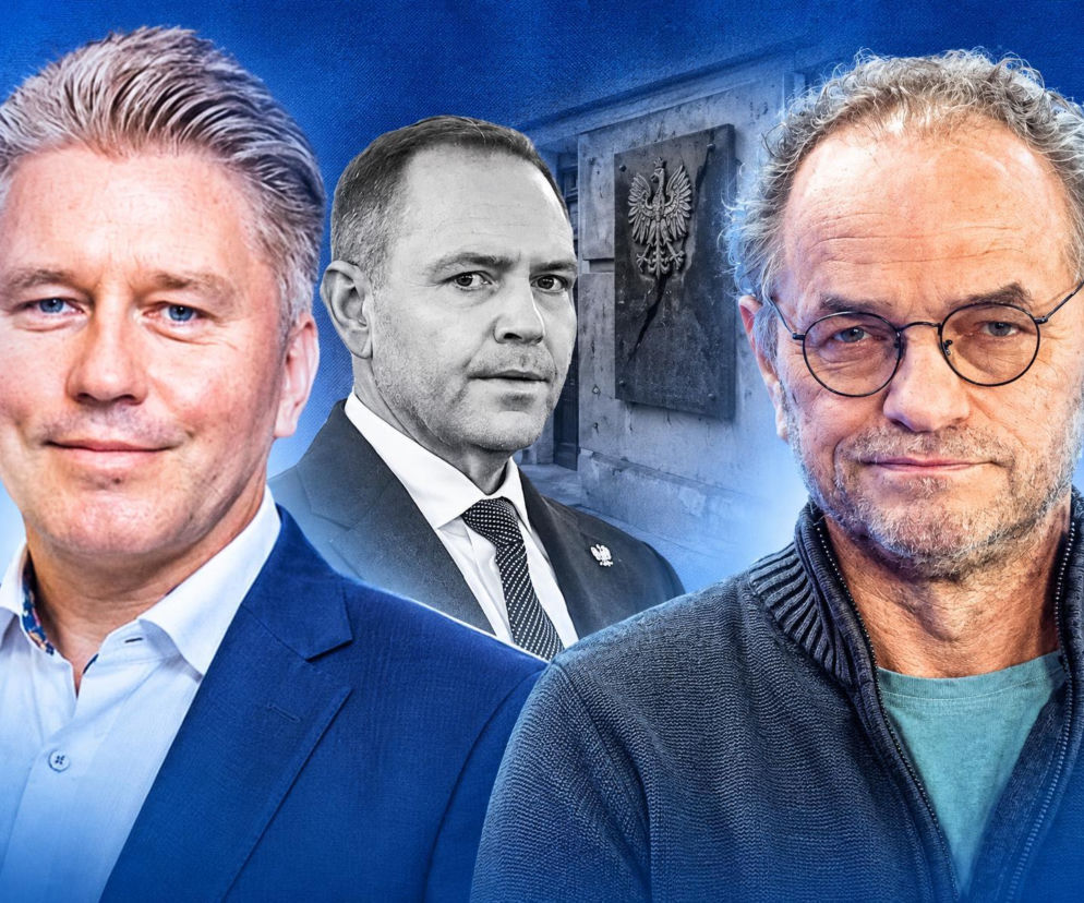 Bogdan Święczkowski, prezydent Karol Nawrocki i Marcin Matczak na tle godła. O sporze w TK czytaj na SE Polityka.