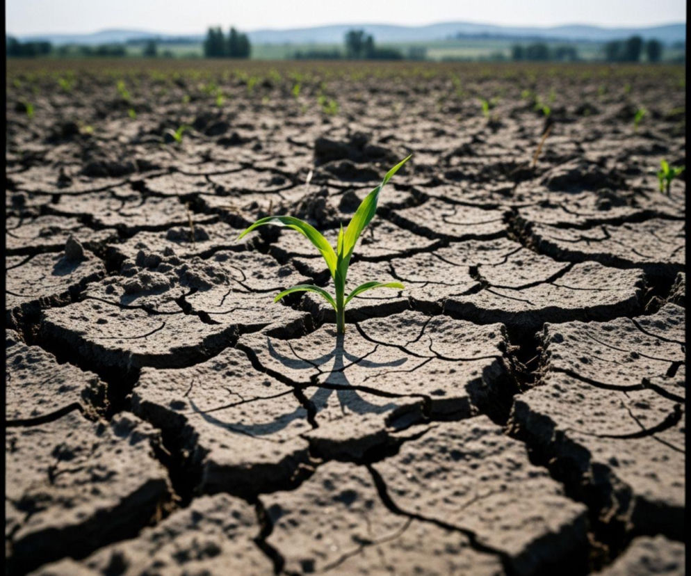 Młoda, zielona sadzonka kukurydzy walcząca o przetrwanie na popękanej, wysuszonej glebie, symbolizująca problem suszy w rolnictwie. Więcej o metodach walki z suszą i dofinansowaniach przeczytasz na portalu Super Biznes.
