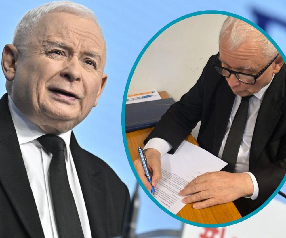 Jarosław Kaczyński. Na miniaturze prezes PiS podpisuje dokument. O ultimatum w partii przeczytasz na Eska.