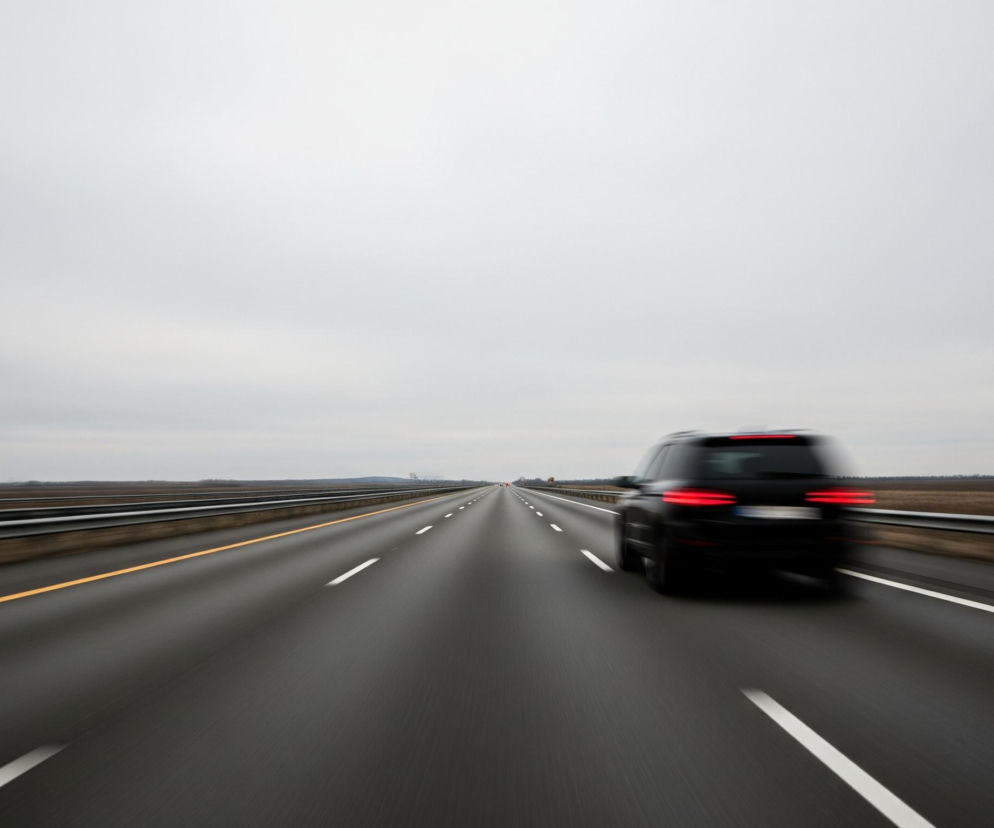 Czarny samochód typu SUV pędzi autostradą, widoczny od tyłu, jego czerwone światła stopu świecą wyraźnie. Droga ma wiele pasów ruchu, zaznaczonych białymi, przerywanymi liniami oraz pojedynczą żółtą linią, i rozciąga się w nieskończoność pod pochmurnym, szarym niebem. Po obu stronach autostrady ciągną się brązowe pola i metalowe barierki, rozmazane, co podkreśla wrażenie szybkości.