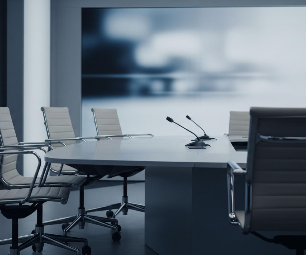 Duży, jasnoszary, owalny stół konferencyjny dominuje w centrum kadru, a na jego powierzchni stoją dwa czarne mikrofony. Wokół stołu ustawione są beżowe krzesła biurowe na chromowanych metalowych podstawach z kółkami, z czego cztery widoczne są po lewej stronie i jedno częściowo z prawej. Tło stanowi rozmyta, jasna ściana z widocznym odcieniem niebieskiego, sugerującym ekran lub okno. Całe pomieszczenie jest utrzymane w chłodnych odcieniach szarości i niebieskiego, z ciemniejszą podłogą i pionowymi panelami na ścianach po lewej stronie.