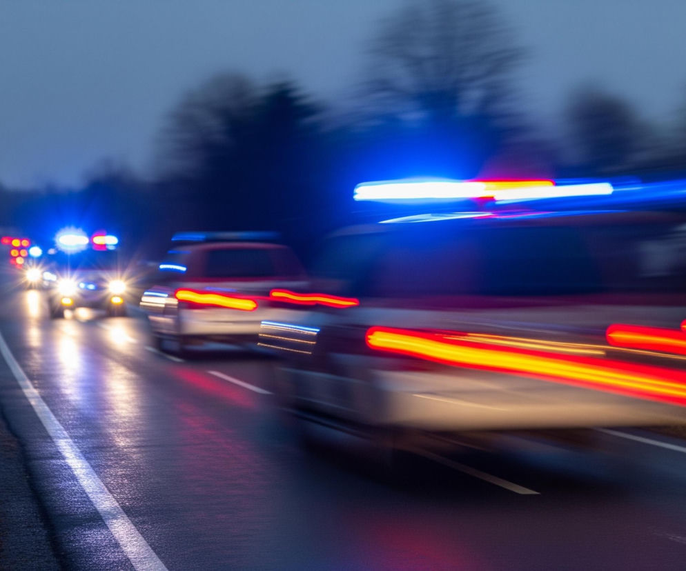 Ulicą przemieszcza się konwój samochodów uprzywilejowanych z włączonymi światłami błyskowymi. Na pierwszym planie po prawej stronie widać tył pojazdu z czerwonymi smugami świateł pozycyjnych oraz niebieskim i białym rozmyciem sygnałów ostrzegawczych na dachu, sugerującym ruch. Dalej, na środku kadru, jedzie kolejny pojazd, którego światła przednie są intensywnie żółte i niebieskie, natomiast tylne światła kolejnych samochodów w tle tworzą rozmyte, czerwone punkty, podobnie jak niebieskie lampy na ich dachach. Droga jest ciemna i mokra, a na lewym poboczu widać niewyraźne zarysy drzew i krzewów pod ciemnym, pochmurnym niebem.