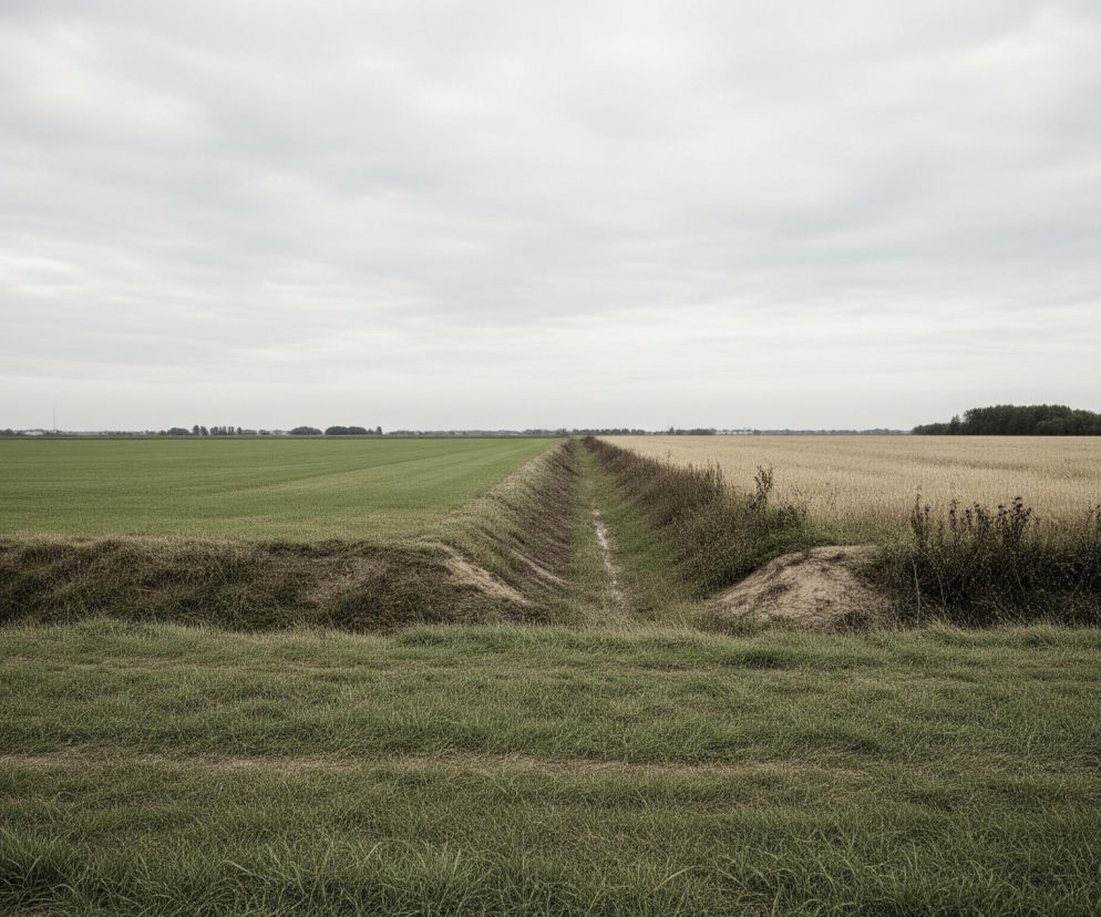Szeroki kadr ukazuje krajobraz z wyraźnym podziałem na dwie części. Lewa strona to pole uprawne o intensywnie zielonym kolorze, ciągnące się aż do horyzontu, gdzie widać ciemnozielone sylwetki drzew i zabudowań. Prawa strona to pole zbóż o żółto-brązowej barwie, również rozciągające się w dal, z pasem ciemnych drzew na horyzoncie. Oba pola rozdziela wąski, ziemny rów melioracyjny, biegnący od pierwszego planu ku oddali, z zieloną, puszystą trawą na jego brzegach. Nad całością rozciąga się zachmurzone, jasnoszare niebo.