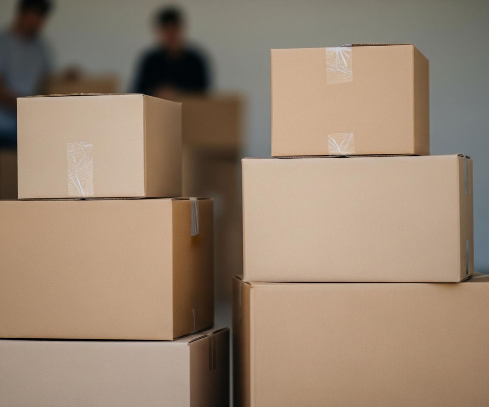 Na pierwszym planie znajdują się dwa stosy kartonowych pudeł o różnych rozmiarach i odcieniach brązu, ustawione pionowo. Pudełka są zamknięte i zabezpieczone przezroczystą taśmą klejącą. W tle widać dwie rozmyte, męskie sylwetki, zajęte pakowaniem lub rozpakowywaniem innych pudeł. Tło jest jasnoszare i niewyraźne, co podkreśla ostrość i centralność pudeł.