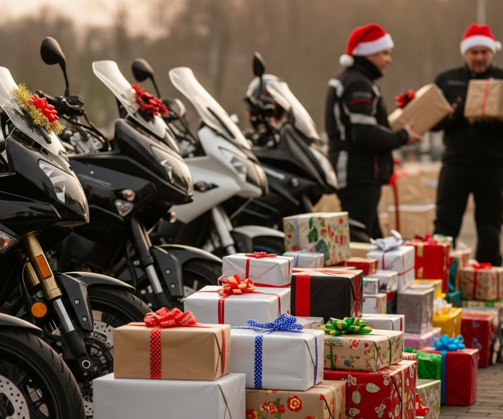 Na pierwszym planie widoczny jest rząd czarnych motocykli z przednimi owiewkami, z których jeden ma świąteczną dekorację w postaci czerwonej kokardy i złotej girlandy. Przed motocyklami ułożony jest stos różnobarwnych prezentów owiniętych w papier i przewiązanych wstążkami, z których niektóre są czerwone w kropki, niebieskie w kropki, zielone, lub ozdobne, kwiatowe. W tle, po prawej stronie kadru, trzech mężczyzn w czarnych kurtkach i czerwonych czapkach Mikołaja wymienia się zapakowanymi prezentami.
