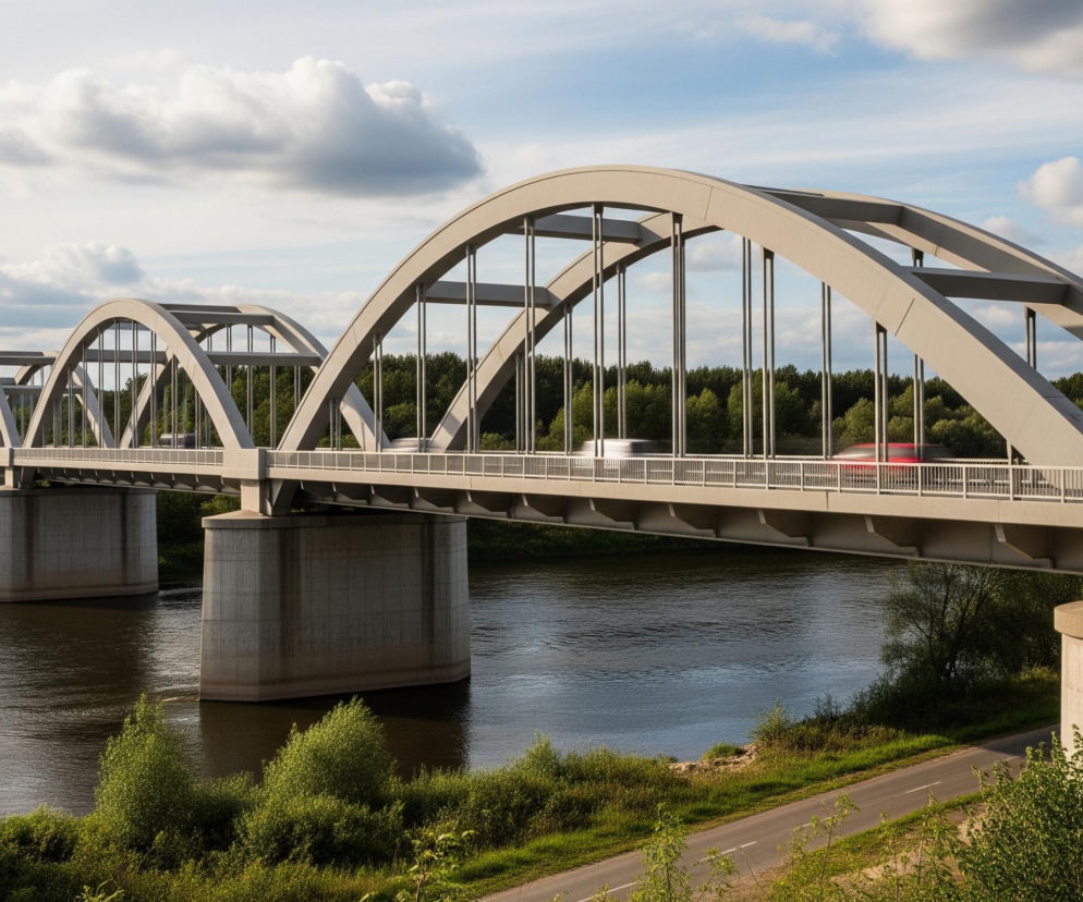 Przez środek kadru biegnie szeroki most łukowy, zbudowany z trzech głównych segmentów. Most ma jasnoszarą konstrukcję z betonu lub stali, z licznymi pionowymi przęsłami podtrzymującymi jezdnię, na której widać dwa rozmyte, szybko jadące pojazdy – jeden biały, drugi czerwony. Pod mostem płynie ciemna rzeka, a jej brzegi porasta bujna, zielona roślinność. W tle rozciągają się pola i lasy, a nad całością unosi się błękitne niebo z licznymi, białymi obłokami.
