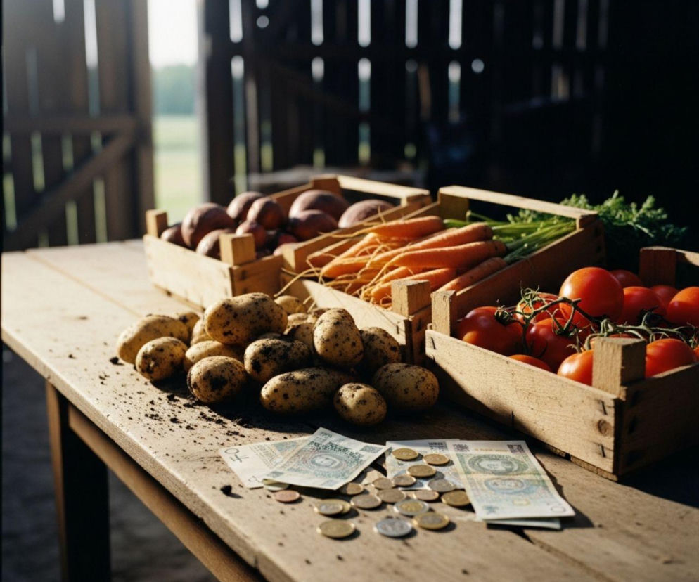 Świeże warzywa, w tym ziemniaki, marchew i pomidory, leżą na drewnianym stole obok banknotów i monet. Scena symbolizuje zyski ze sprzedaży bezpośredniej z gospodarstwa, o której więcej przeczytasz na Super Biznes.