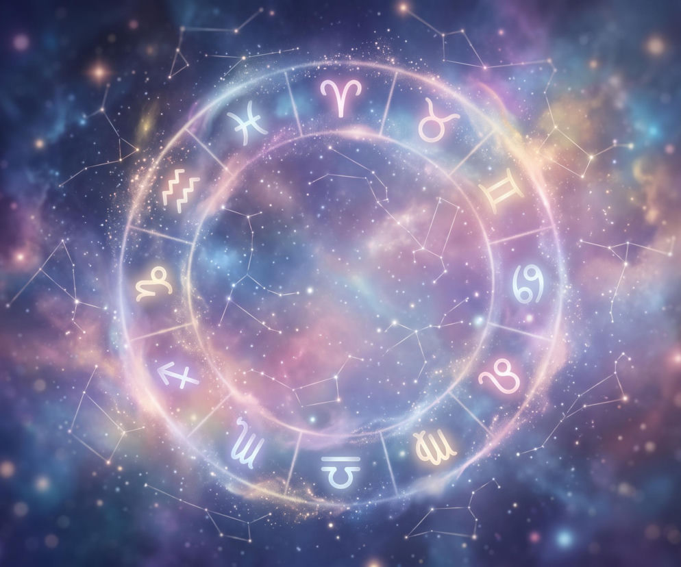 Świecący krąg z symbolami zodiaku na tle gwieździstego kosmosu. O horoskopie dziennym przeczytasz na VOX FM.