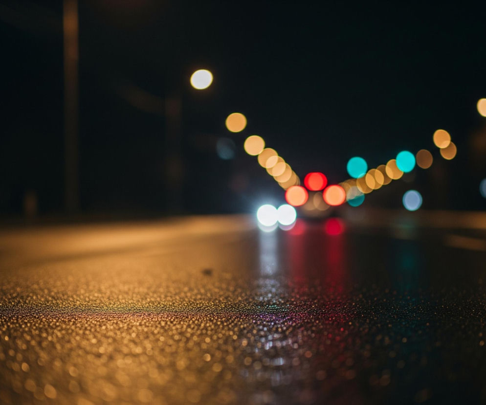 Na pierwszym planie widoczna jest mokra powierzchnia asfaltu, pokryta drobnymi kroplami wody, które odbijają rozproszone światło, tworząc efekt bokeh. Nawierzchnia ma ciemne, szarobrunatne odcienie, z widocznymi refleksami w kolorach pomarańczowym, czerwonym i turkusowym, pochodzącymi od świateł w tle. W oddali, na rozmytej perspektywie ulicy, znajdują się liczne, kolorowe źródła światła, ułożone w dwóch równoległych rzędach, z przewagą żółtych, czerwonych i turkusowych punktów, tworzących wrażenie ruchu nocnego miasta. Nad horyzontem ciemne niebo przechodzi w czerń.