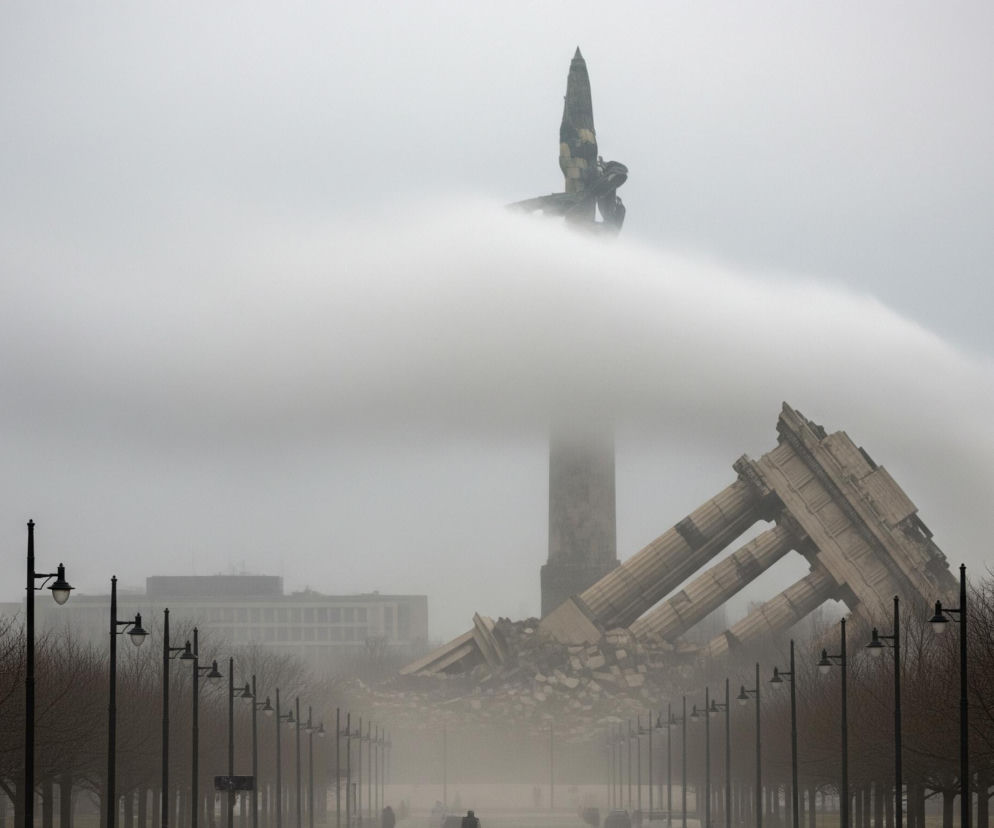 W centrum obrazu znajduje się rozpadająca się monumentalna konstrukcja z beżowych, klasycznych kolumn, częściowo zasłonięta przez gęstą, białą chmurę dymu lub pyłu, która unosi się szeroko nad ziemią. Za opadającymi kolumnami widoczna jest wysoka, ciemna kolumna. W tle, na horyzoncie, rysuje się niewyraźny zarys szarego budynku, a jeszcze wyżej, ponad chmurą, majaczy ciemna, spiczasta struktura zwieńczona rzeźbionym elementem.

Na pierwszym planie, po obu stronach alei, rozciąga się rząd wysokich, czarnych słupów latarni ulicznych z mlecznymi kloszami, a pomiędzy nimi znajdują się nagie drzewa, tworzące gęste rzędy. Aleja prowadzi w głąb obrazu, gdzie na jej końcu widać drobne sylwetki ludzi i być może samochodów. Cała scena spowita jest w mglistą, szarą atmosferę, co nadaje obrazowi tajemniczy i ponury charakter.