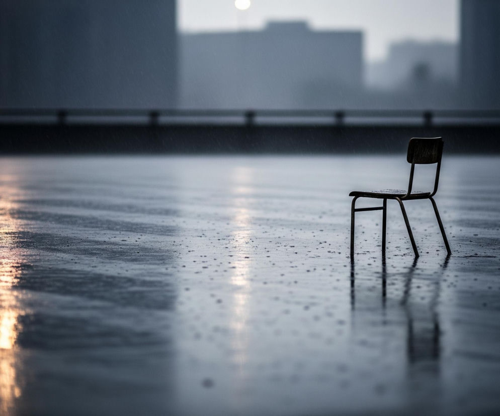 Na pierwszym planie, centralnie, stoi samotne, ciemne krzesło o prostej konstrukcji z drewnianym oparciem i metalowymi nogami, pokryte kroplami deszczu. Krzesło znajduje się na mokrej, odbijającej światło powierzchni, która tworzy efekt rozmytych refleksów, głównie jasnych i złotawych po lewej stronie. W tle, zamglone kontury budynków miejskich oraz jasny punkt słońca lub księżyca nad horyzontem tworzą ponury, deszczowy krajobraz. Całość utrzymana jest w chłodnej palecie barw, dominują szarości, błękity i granaty, z niewielkimi, ciepłymi akcentami świetlnymi.