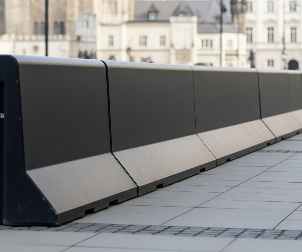 Rząd połączonych, ciemnoszarych barier rozciąga się wzdłuż prawego dolnego rogu zdjęcia, biegnąc w głąb perspektywy. Elementy barier mają gładkie, pionowe powierzchnie w górnej części i rozszerzające się, skośne podstawy, z wyraźnymi łączeniami między poszczególnymi modułami. Tło stanowi miejski krajobraz z rozmytymi, jasnymi budynkami o architekturze z licznymi oknami i dachami, oraz fragmentem ulicy z ciemniejszą nawierzchnią i białymi liniami.