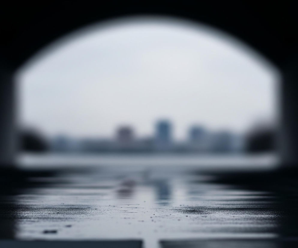 Centralny kadr ukazuje wnętrze ciemnego, łukowatego przejścia, z otwartym, jasnym końcem tunelu w tle. Mokra, czarna nawierzchnia drogi pokryta jest odbiciami i drobnymi kroplami wody, z widoczną białą linią malowaną na środku. Na końcu tunelu, rozmyty horyzont ujawnia niewyraźne zarysy miejskiego krajobrazu z kilkoma wysokimi budynkami pod szarym niebem, oświetlonym jasno w stosunku do ciemnego wnętrza tunelu.