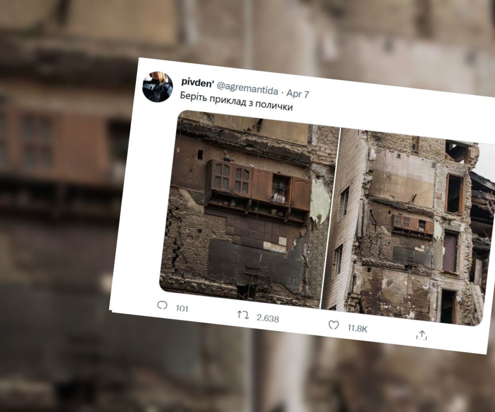 Zdjęcie z Borodzianki podbija sieć. Ocalała szafka kuchenna SYMBOLEM UKRAIŃSKIEGO OPORU. Bierzcie z niej przykład!