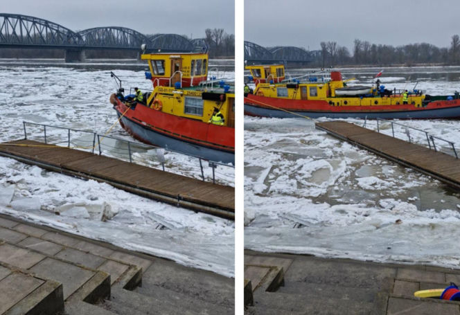 Lodołamacze na Wiśle w Toruniu. Trwa akcja kruszenia lodu