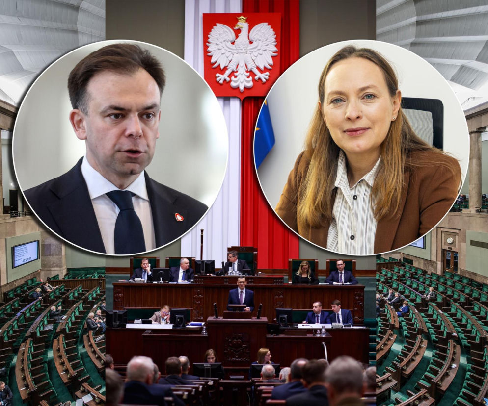Katarzyna Pełczyńska-Nałęcz i Andrzej Domański na tle sali plenarnej Sejmu z godłem Polski. Koalicjanci spierają się o podniesienie drugiego progu podatkowego, o czym przeczytasz więcej na Super Biznes.
