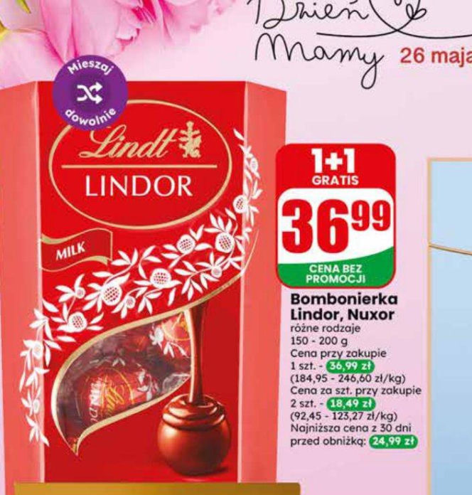 Bombonierka Lindor lub Nuxor, Lindt, 18,49 zł (Cena za sztukę przy zakupie 2 szt. w promocji 1+1 GRATIS. Cena regularna 1 szt. to 36,99 zł)