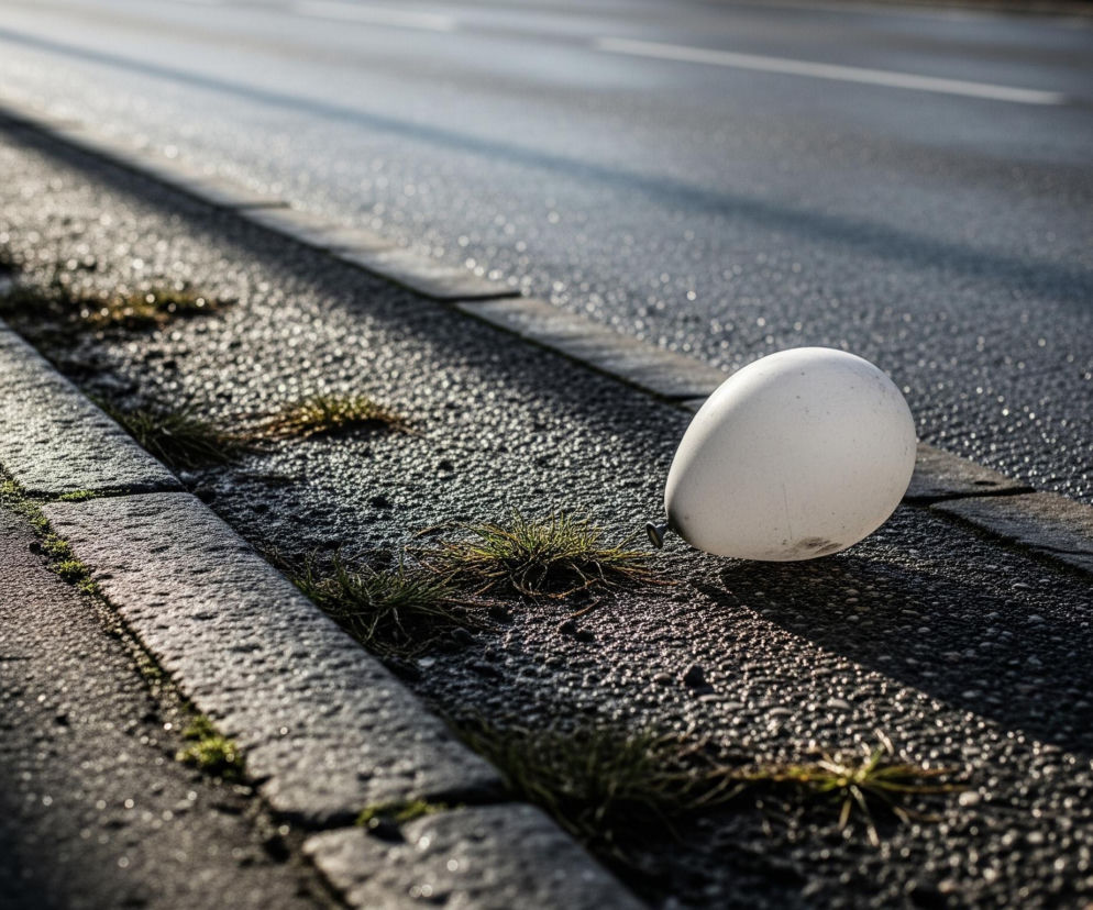 Biały, owalny przedmiot, przypominający balonik, leży na ciemnym, szorstkim podłożu po prawej stronie kadru. Podłoże to, najprawdopodobniej asfalt, jest wyraźnie mokre, pokryte licznymi, błyszczącymi kroplami wody, szczególnie intensywnie odbijającymi światło w lewej części obrazu. Po lewej stronie widać chodnik lub pobocze oddzielone od asfaltu kamiennym krawężnikiem, z drobnymi kępkami zielonej trawy wyrastającymi w szczelinach. Głębokie cienie i jasne refleksy tworzą wyraźne kontrasty, a światło pada z lewej, górnej części obrazu, tworząc długie, rozmazane smugi w tle.