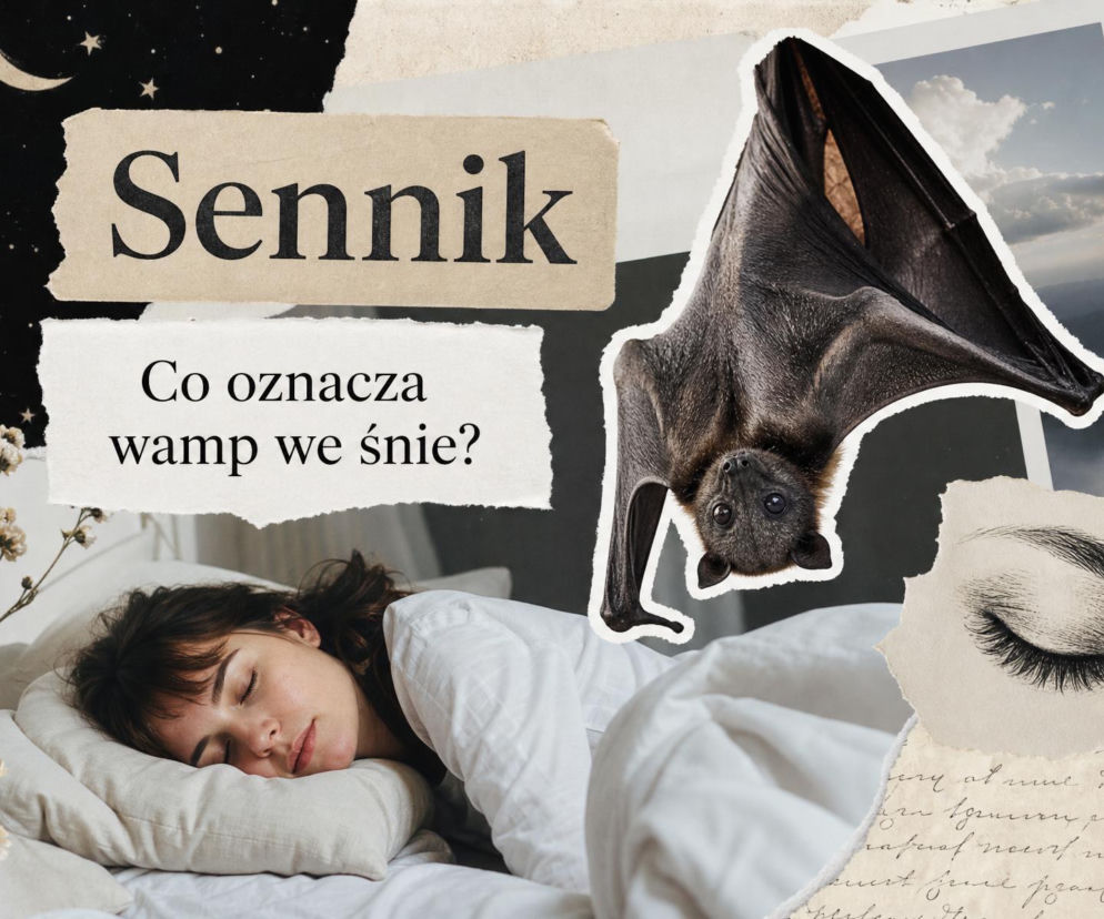 Śpiąca kobieta i nietoperz na kolażu o snach. Znaczenie snu o wampie sprawdzisz w senniku na SE.