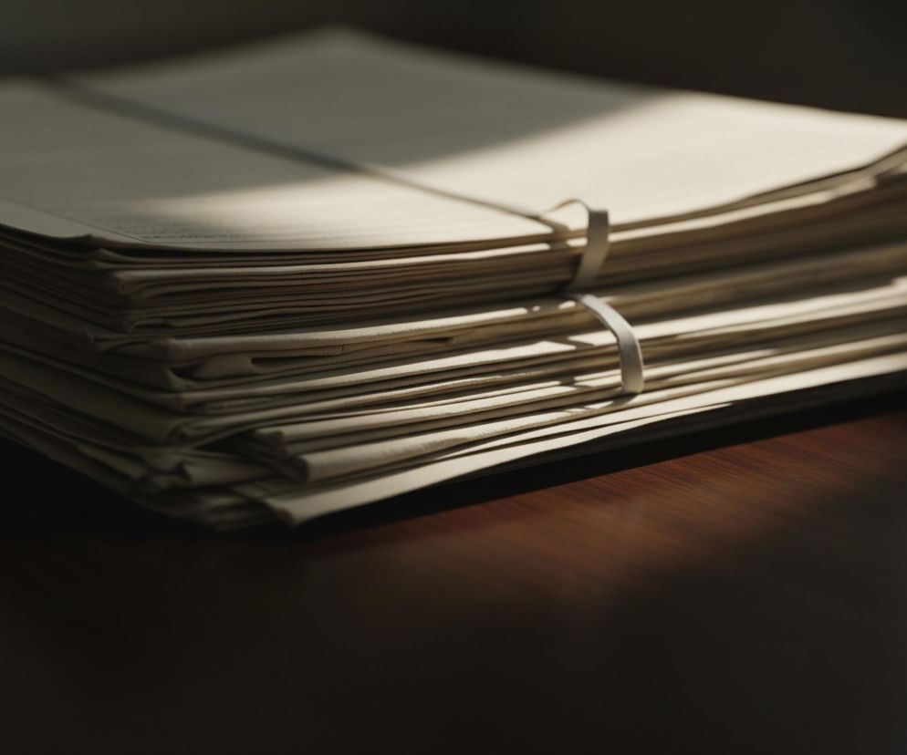 Duży stos jasnych, nieco pogniecionych kartek papieru, przypominających dokumenty, leży na ciemnym, brązowym, błyszczącym blacie, który może być biurkiem. Górna część stosu jest oświetlona silnym, ciepłym światłem, tworzącym wyraźne cienie i podkreślającym strukturę papieru, a całość przewiązana jest dwoma jasnymi gumkami recepturkami, rozmieszczonymi wzdłuż krótszego boku. Tło jest ciemne i rozmyte, co dodatkowo skupia uwagę na oświetlonym stosie dokumentów.