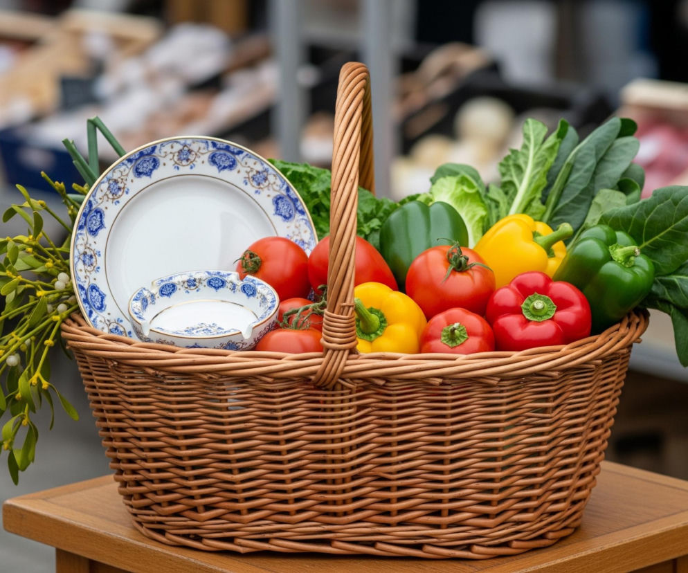 Wiklinowy kosz wypełniony warzywami i naczyniami stoi na drewnianym stole. W koszu znajdują się czerwone pomidory, zielona sałata, zielone papryki, żółte papryki oraz czerwone papryki. Z lewej strony kosza wystają zielone gałązki jemioły z białymi owocami, a tuż obok opiera się biały talerz z niebiesko-złotym wzorem, obok którego leży mniejsza, pasująca miseczka. Tło jest rozmyte, ukazując zarysy straganów targowych z różnorodnymi produktami.