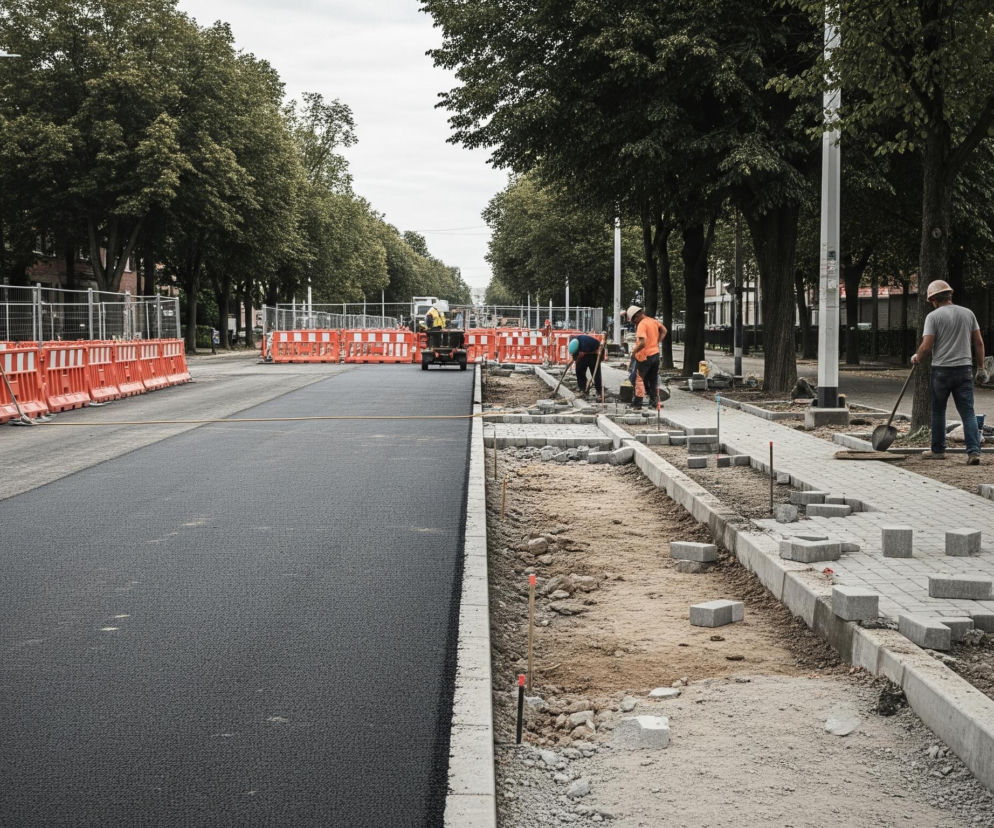 Ulica, z widocznym świeżo położonym czarnym asfaltem na lewej połowie, jest w trakcie remontu. Po prawej stronie, wzdłuż jezdni, kilku pracowników budowlanych układa szare płyty chodnikowe na podłożu z piasku i ziemi, z widocznymi krawężnikami i słupkami wyznaczającymi granice. Długa linia pomarańczowo-białych barierek ochronnych oddziela obszar robót od zielonych drzew stojących wzdłuż ulicy.