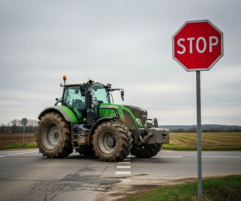 Zielony ciągnik rolniczy Fendt z obciążnikiem na przednim TUZ-ie stoi na skrzyżowaniu dróg, obok znaku STOP. Maszyna czeka na przejazd, a szare, zachmurzone niebo tworzy tło. Więcej o przepisach dla rolników na Super Biznes.