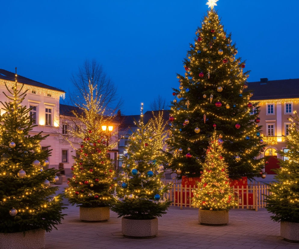 Scena przedstawia świątecznie udekorowany plac miejski o zmierzchu lub wczesnym wieczorem, z niebem w kolorze granatowym. Centralne miejsce zajmuje duża, wysoka choinka ozdobiona licznymi, ciepłymi, żółtymi światełkami, kolorowymi bombkami (czerwonymi, niebieskimi, złotymi) i świecącą gwiazdą na szczycie. Wokół niej rozmieszczone są mniejsze choinki w donicach, również bogato oświetlone i udekorowane bombkami. W tle widać budynki o jasnych elewacjach, z oknami, w których również świeci światło, a ich dachy i fasady są udekorowane sznurami żółtych światełek typu „sopelki”.