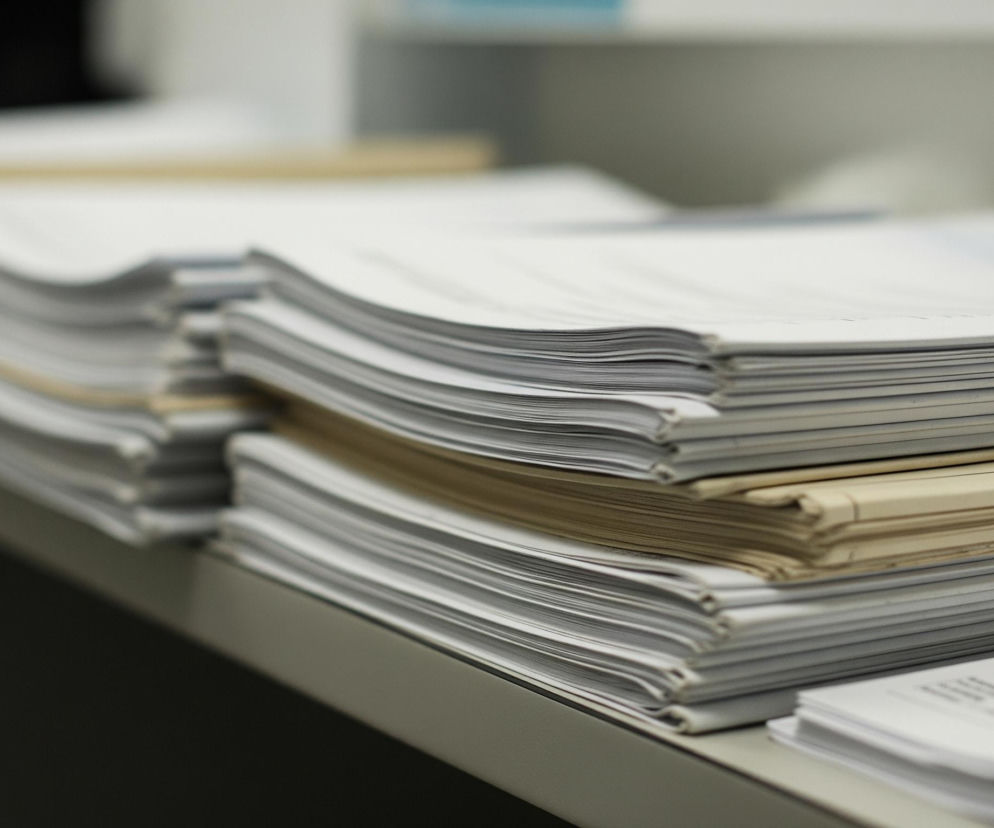 Na szarym blacie stołu leży sześć stosów dokumentów. Dominują białe kartki papieru, z kremowymi okładkami wyróżniającymi się w środkowej części niektórych stosów. Stosy ułożone są od lewej do prawej, z częścią kartek skierowanych stroną zadrukowaną do góry, widoczną na pierwszym planie po prawej stronie. Tło jest rozmyte, ukazując jaśniejsze i ciemniejsze obszary, prawdopodobnie inne elementy biurowe.