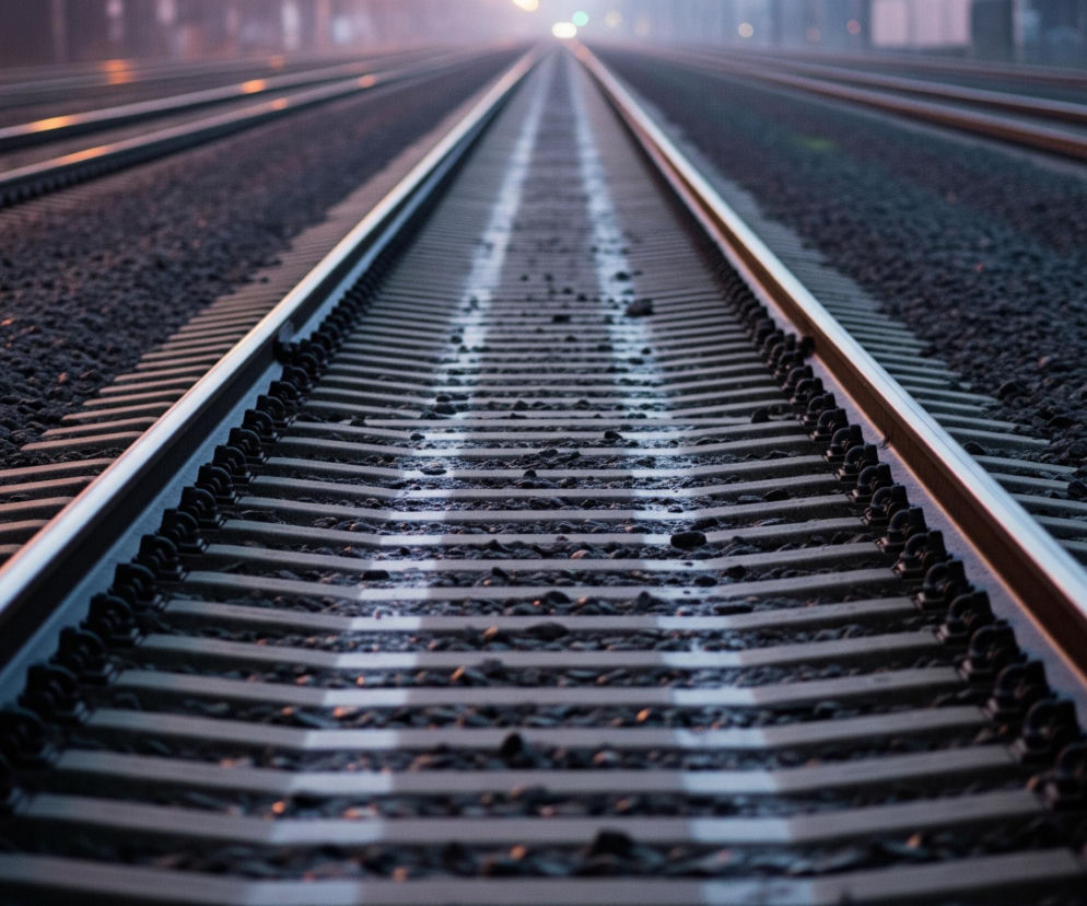 Trzy równoległe tory kolejowe rozciągają się w głąb kadru, zbiegając się w odległym, zamglonym punkcie horyzontu. Centralny tor jest ostry i szczegółowy, z widocznymi metalowymi szynami lśniącymi od odbitego światła, ułożonymi na ciemnych podkładach i żwirze. Bliżej lewej i prawej krawędzi kadru znajdują się dwa inne, mniej ostre tory, również biegnące równolegle. W oddali, na końcu torów, widać rozmazane, jasne światła.