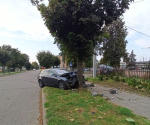 Kierująca Volvo zmiotła Opla z drogi i wylądowała na płocie posesji