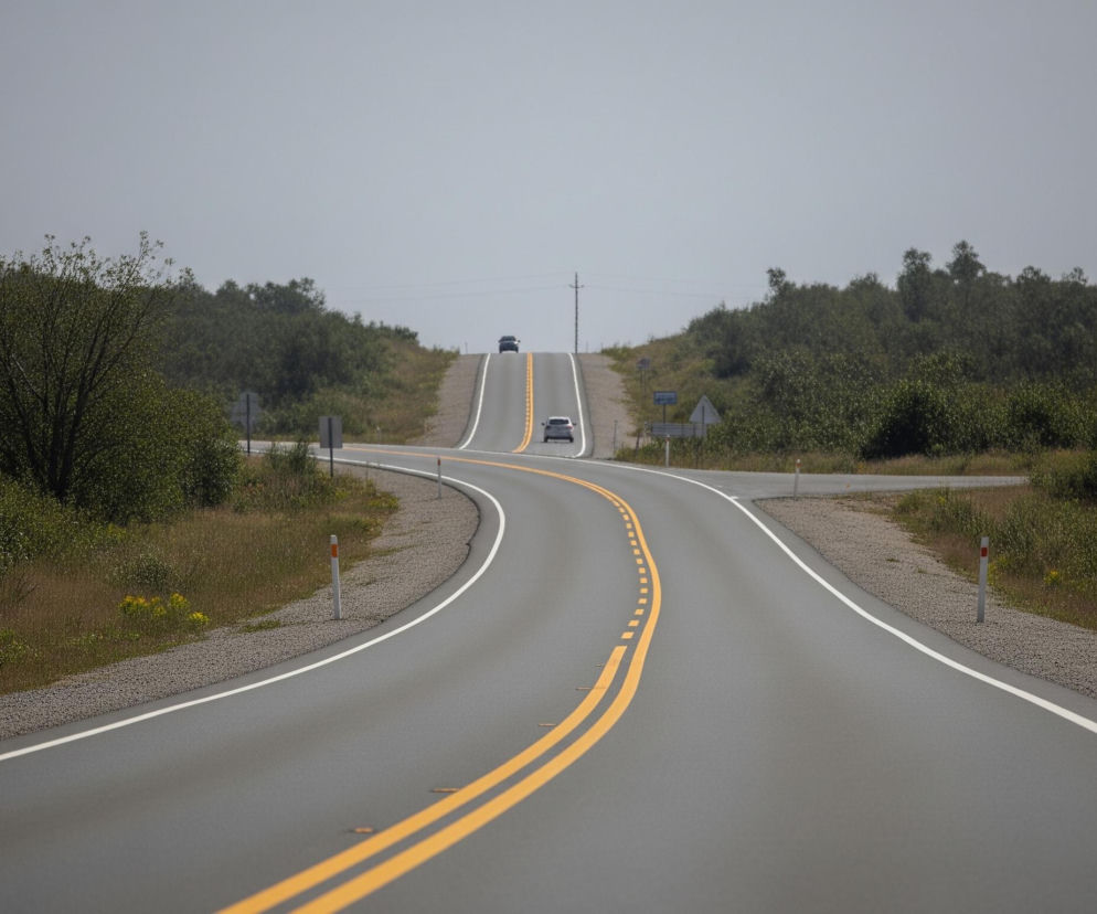 Szeroka, asfaltowa droga biegnie w głąb obrazu, łagodnie falując i zakręcając w prawo, z podwójną żółtą linią środkową, która przechodzi w przerywaną linię, a następnie ponownie w ciągłą. Po obu stronach drogi znajdują się pobocza pokryte drobnym żwirem, a za nimi bujna, zielona roślinność i trawy z pojedynczymi żółtymi kwiatami. Na dalszym planie, na szczytach wzniesień, widoczne są dwa samochody: ciemny i jasny, a niebo jest jasne i jednolite, bez chmur.