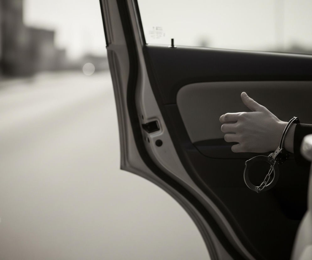 Na zdjęciu dominuje scena z otwartymi drzwiami samochodu, uchwycona w monochromatycznej tonacji, z wyjątkiem subtelnych brązowych odcieni. Centralnym elementem jest lewe przedramię osoby, wychylające się z samochodu przez otwarte drzwi, a na nadgarstku widać zapięte srebrne kajdanki. Ręka jest rozluźniona, z lekko rozłożonymi palcami. Lewa część zdjęcia przedstawia rozmazane tło miejskiej ulicy z niewyraźnymi budynkami i światłami, co sugeruje ruch lub płytką głębię ostrości. Prawej stronie kadru dominuje wnętrze samochodu oraz fragment jego boku, a na panelu drzwi widoczne są szare i ciemne odcienie.