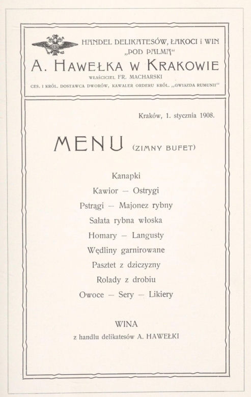 Menu z książki "Nauka usługiwania", 1909 rok