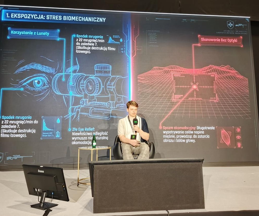 Mężczyzna siedzi na tle grafiki o stresie oka. O zagrożeniu laserem dla wzroku przeczytasz na SE Portal Obronny.